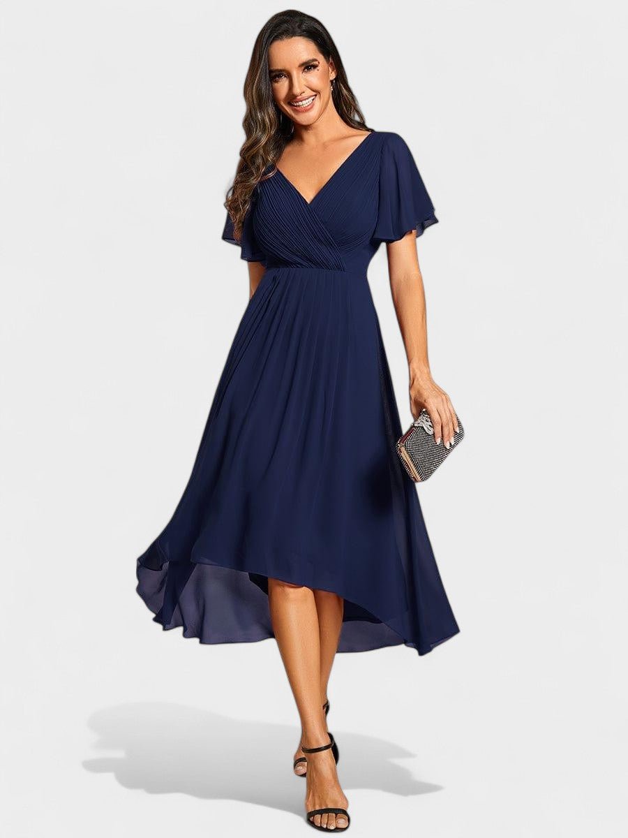Elena | V - Neck High - Low Chiffon Midi Dress - Lora Toronto