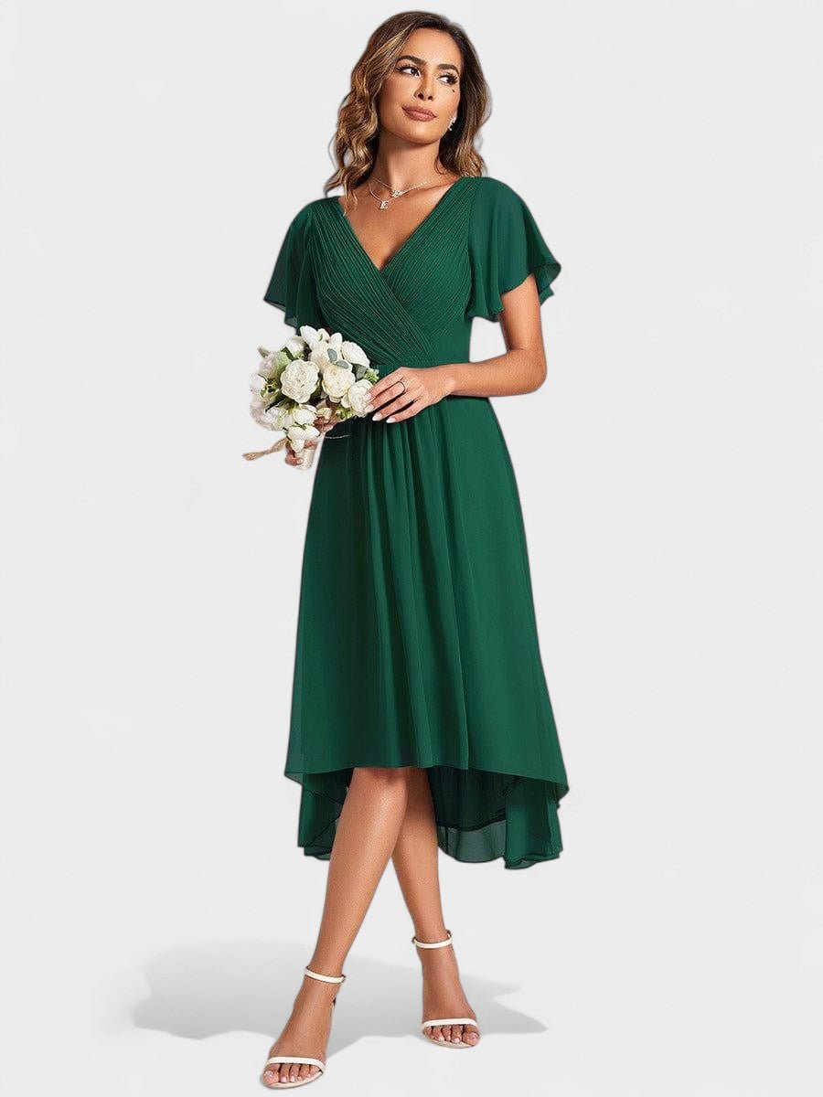 Elena | V - Neck High - Low Chiffon Midi Dress - Lora Toronto