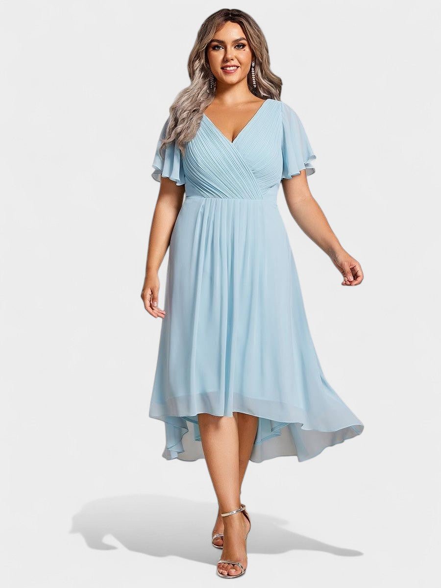 Elena | V - Neck High - Low Chiffon Midi Dress - Lora Toronto