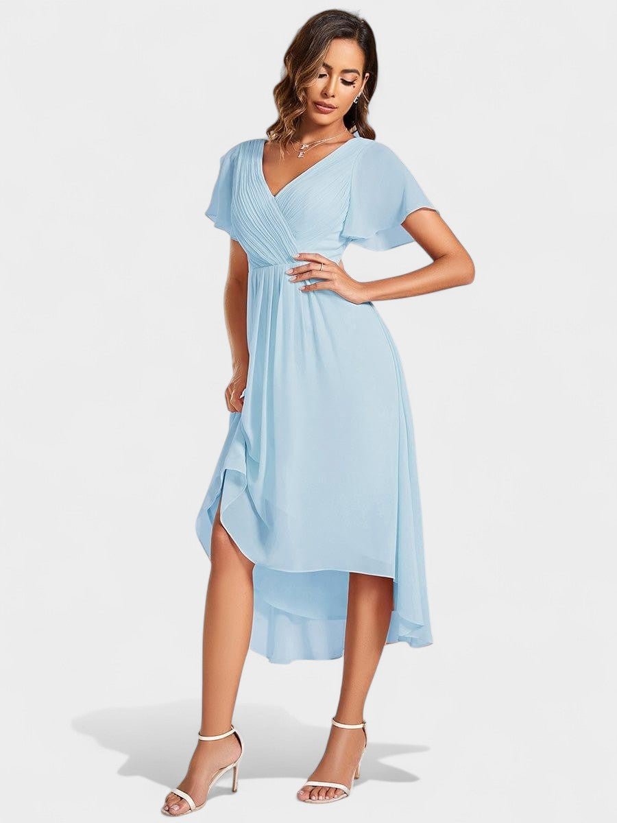 Elena | V - Neck High - Low Chiffon Midi Dress - Lora Toronto