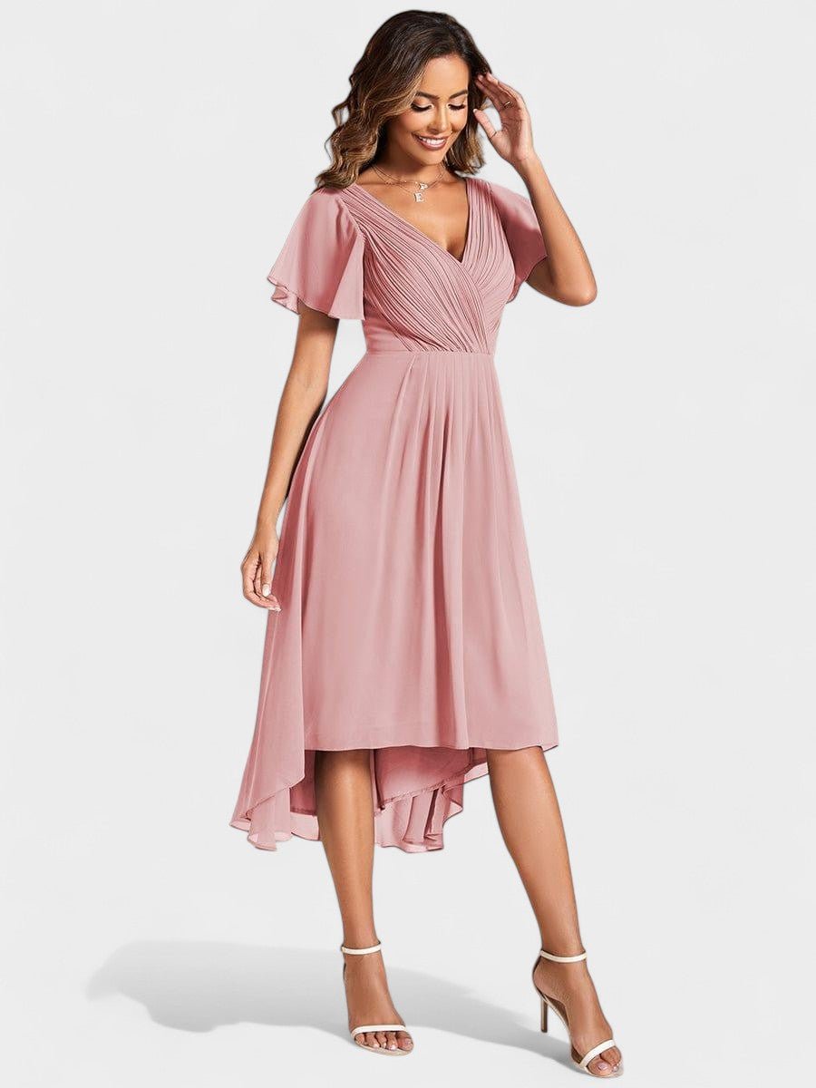 Elena | V - Neck High - Low Chiffon Midi Dress - Lora Toronto