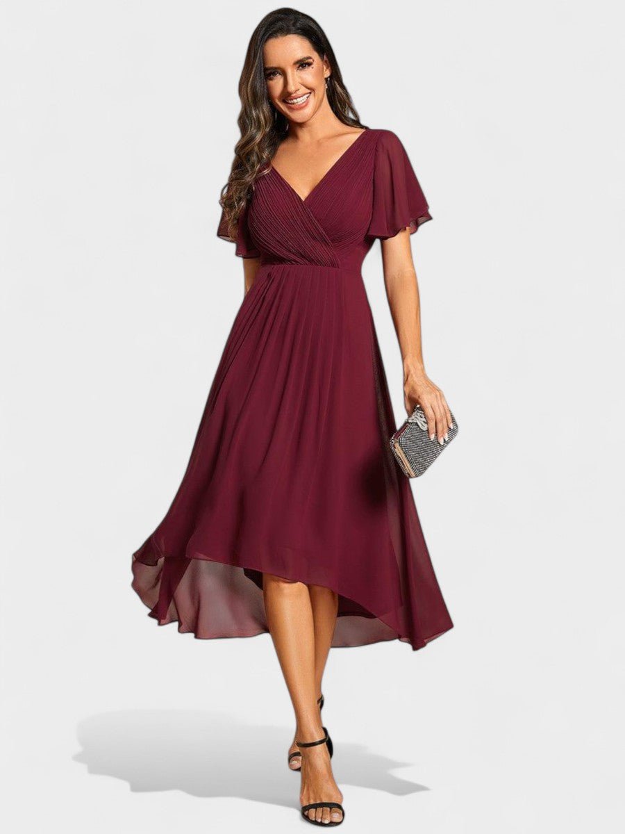 Elena | V - Neck High - Low Chiffon Midi Dress - Lora Toronto