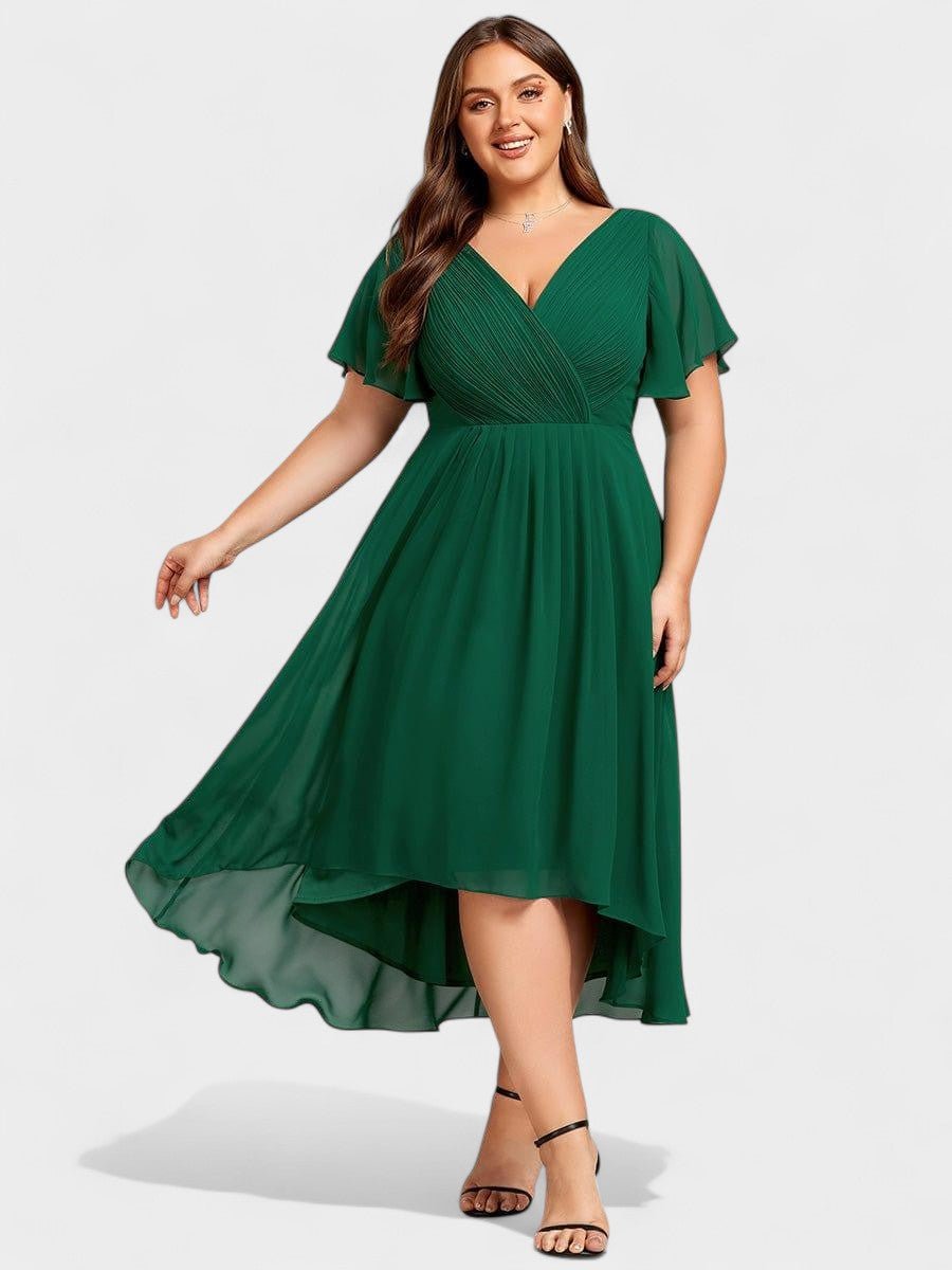 Elena | V - Neck High - Low Chiffon Midi Dress - Lora Toronto