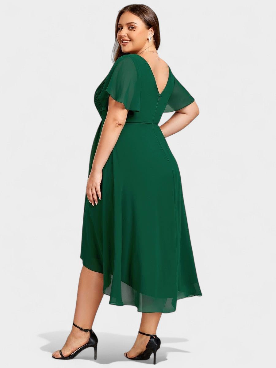Elena | V - Neck High - Low Chiffon Midi Dress - Lora Toronto