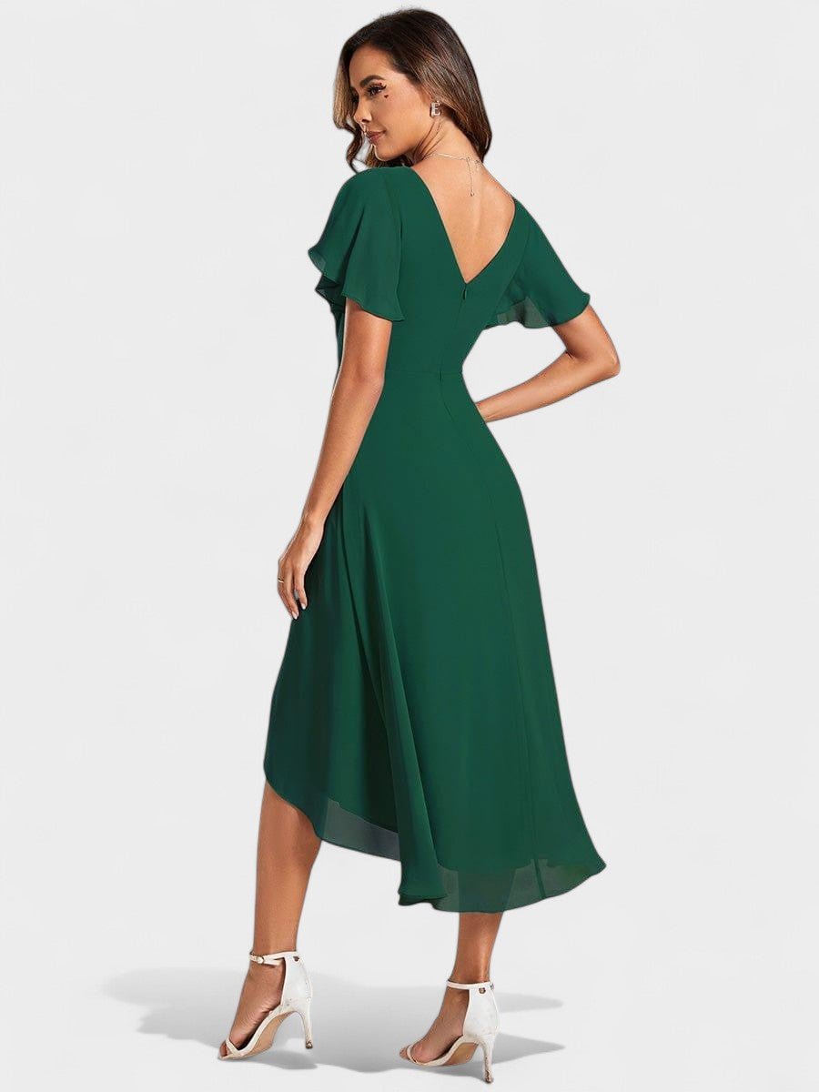 Elena | V - Neck High - Low Chiffon Midi Dress - Lora Toronto