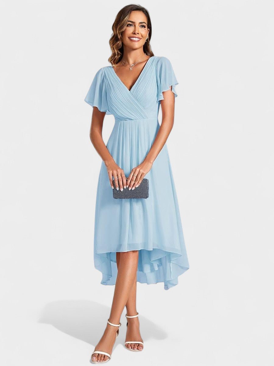 Elena | V - Neck High - Low Chiffon Midi Dress - Lora Toronto