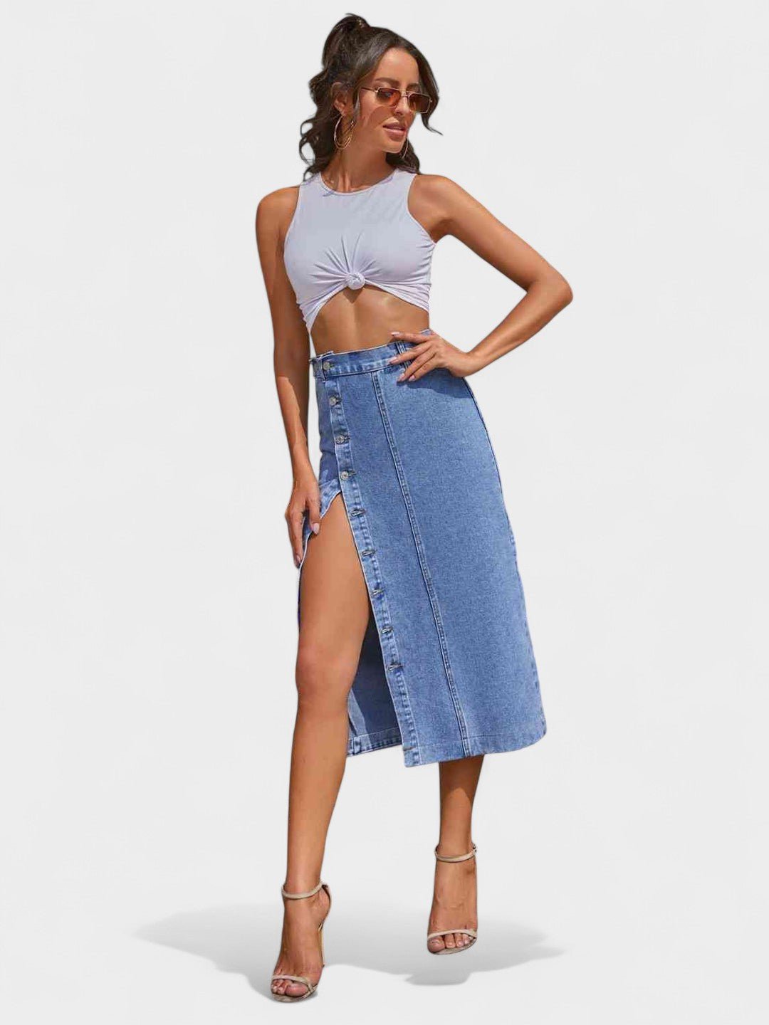Elodie | Button - Front Cotton Blend Skirt - Lora Toronto