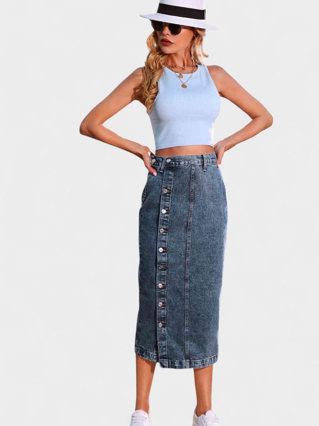 Elodie | Button - Front Cotton Blend Skirt - Lora Toronto