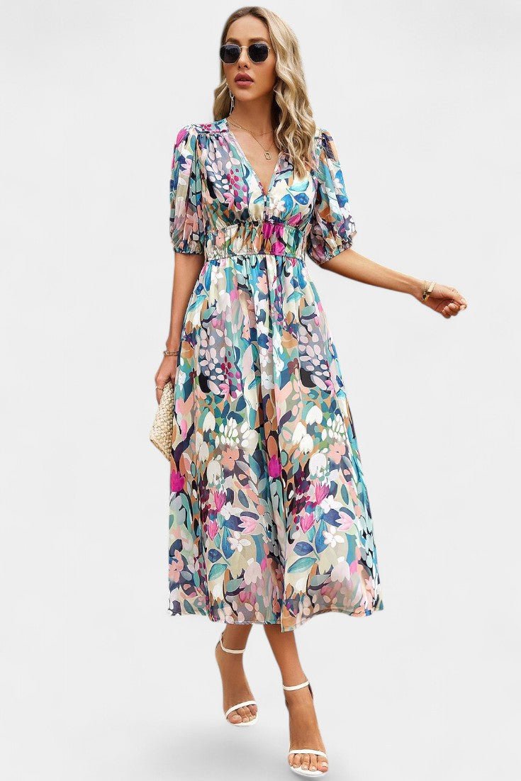 Georgina | V - Neck Floral Midi Dress - Lora Toronto