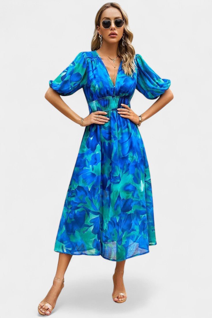 Georgina | V - Neck Floral Midi Dress - Lora Toronto