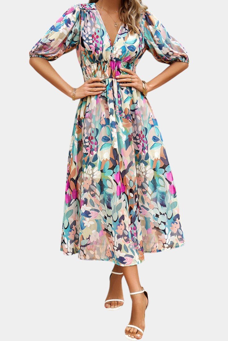 Georgina | V - Neck Floral Midi Dress - Lora Toronto