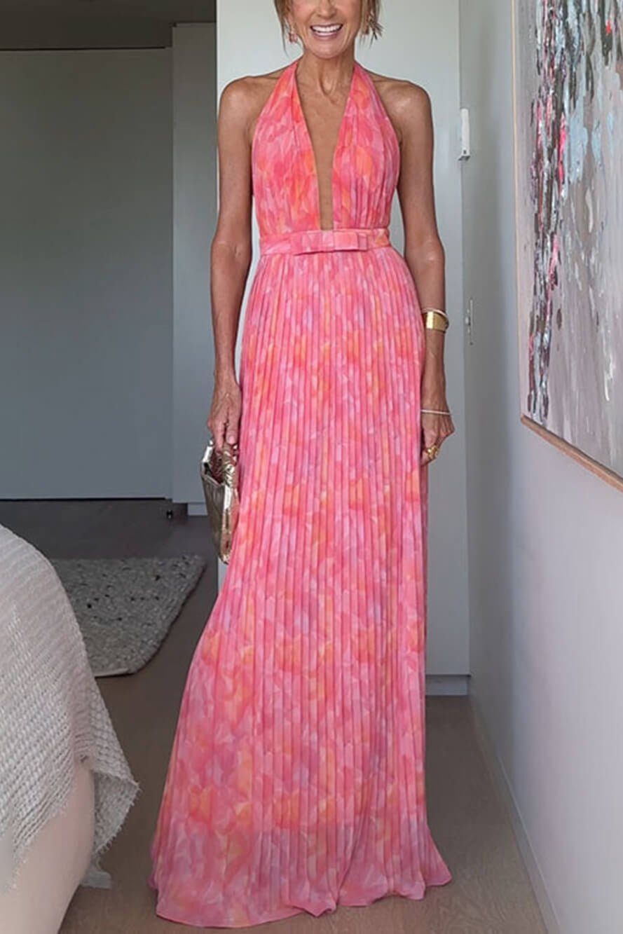 Isla | Pleated Halter Backless Maxi Dress - Lora Toronto