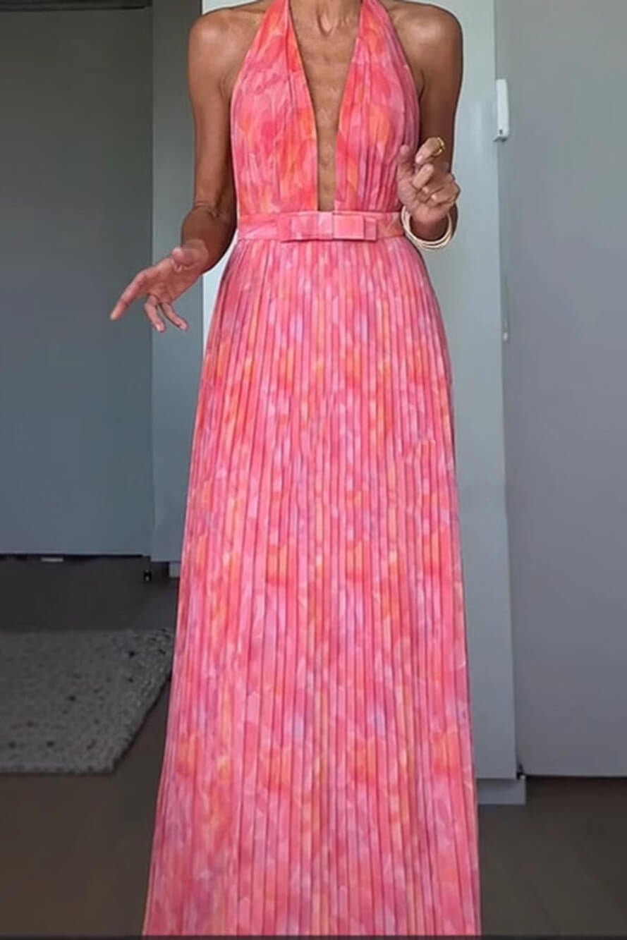Isla | Pleated Halter Backless Maxi Dress - Lora Toronto