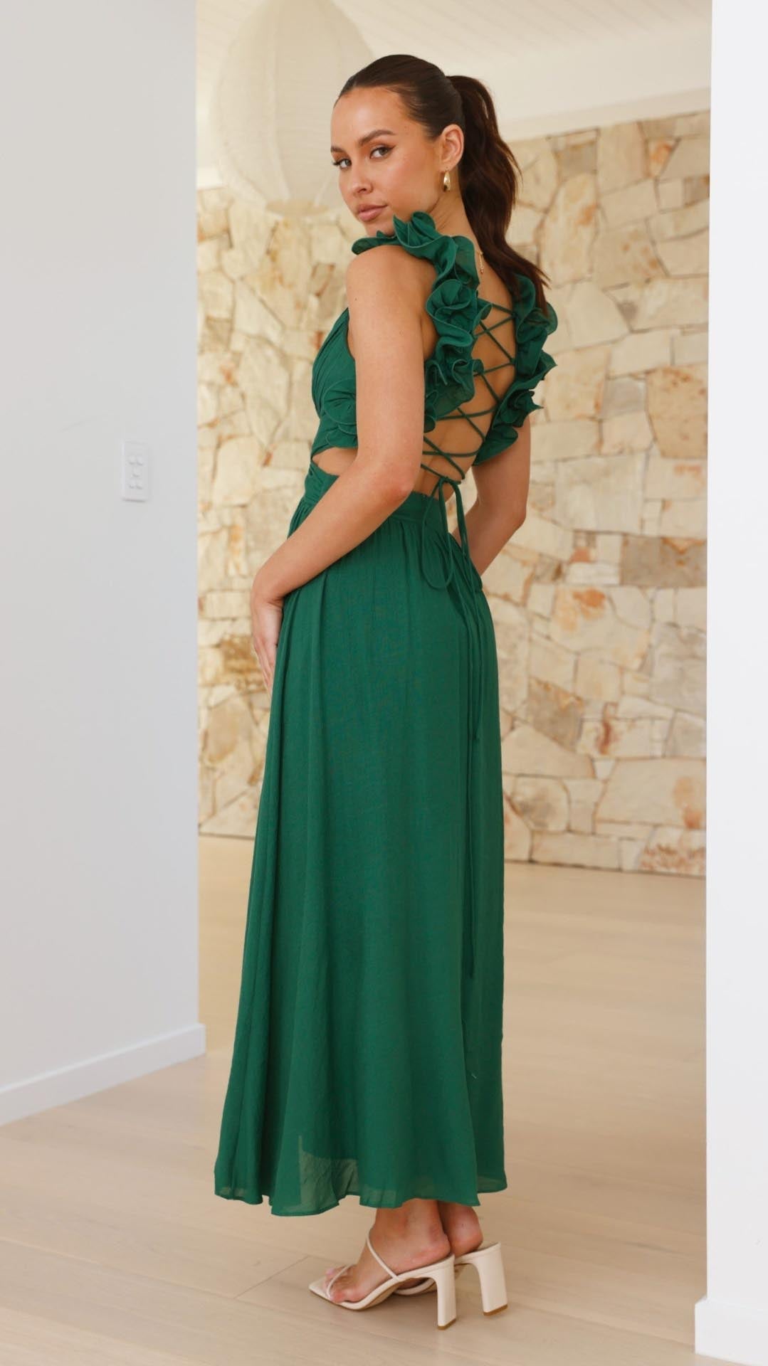 Isla | Ruffle Strap V - Neck Maxi Dress - Lora Toronto
