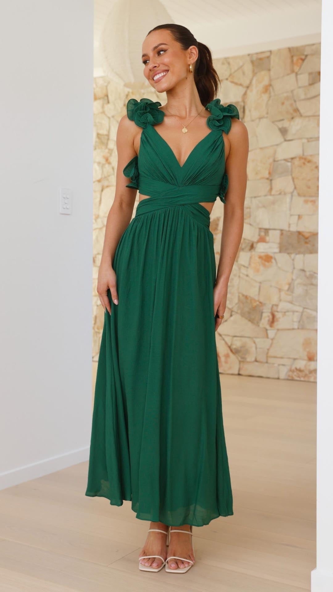 Isla | Ruffle Strap V - Neck Maxi Dress - Lora Toronto