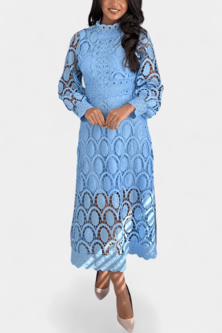 Jovie | Embroidered Lace High - Neck Midi Dress - Lora Toronto
