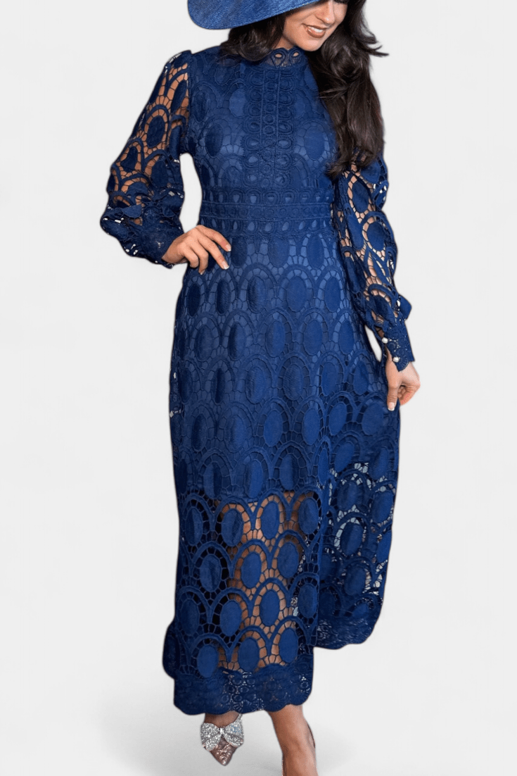 Jovie | Embroidered Lace High - Neck Midi Dress - Lora Toronto