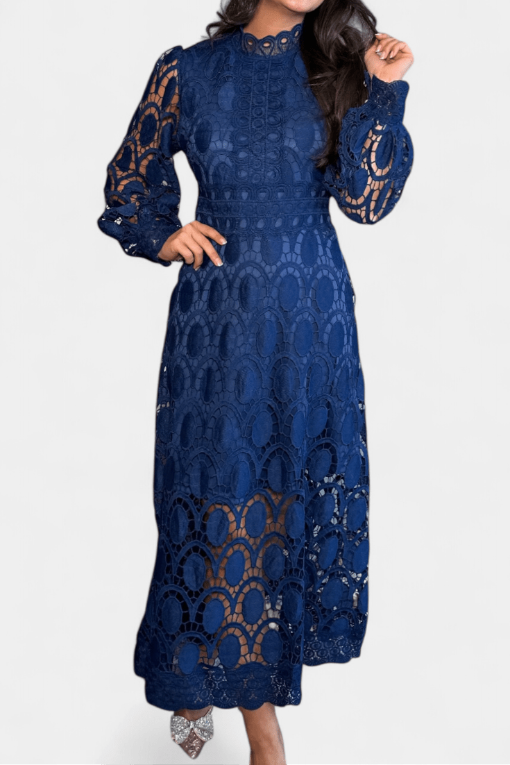 Jovie | Embroidered Lace High - Neck Midi Dress - Lora Toronto