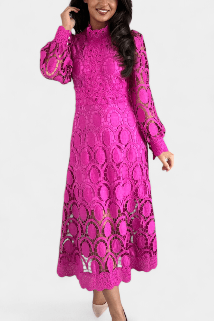 Jovie | Embroidered Lace High - Neck Midi Dress - Lora Toronto