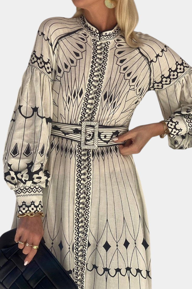 Soria Embroidered Folk Print Button Maxi Dress