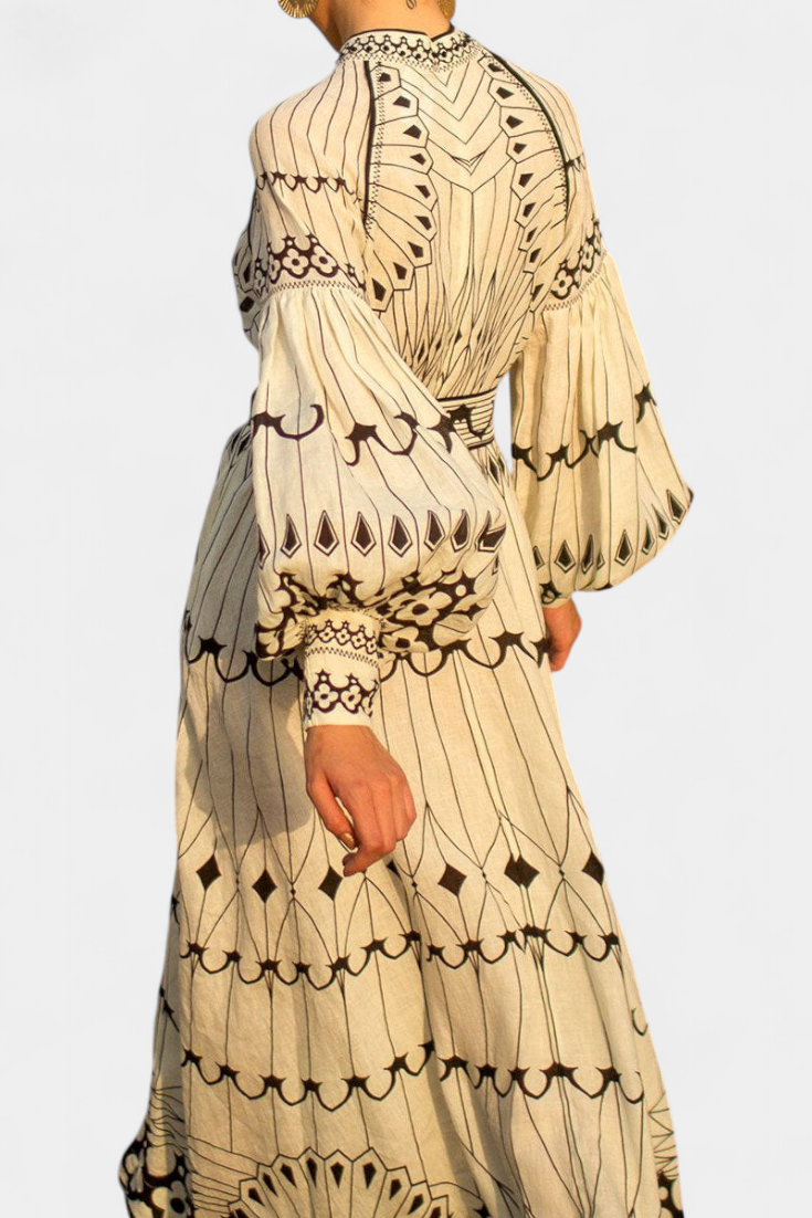 Soria Embroidered Folk Print Button Maxi Dress