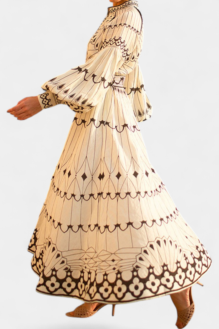 Soria Embroidered Folk Print Button Maxi Dress