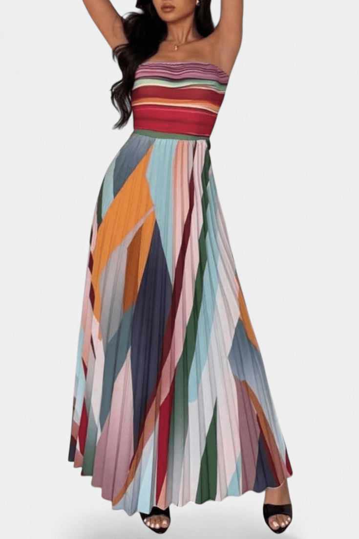 Leticia | Off - Shoulder Pleated Multicolour Maxi Dress - Lora Toronto