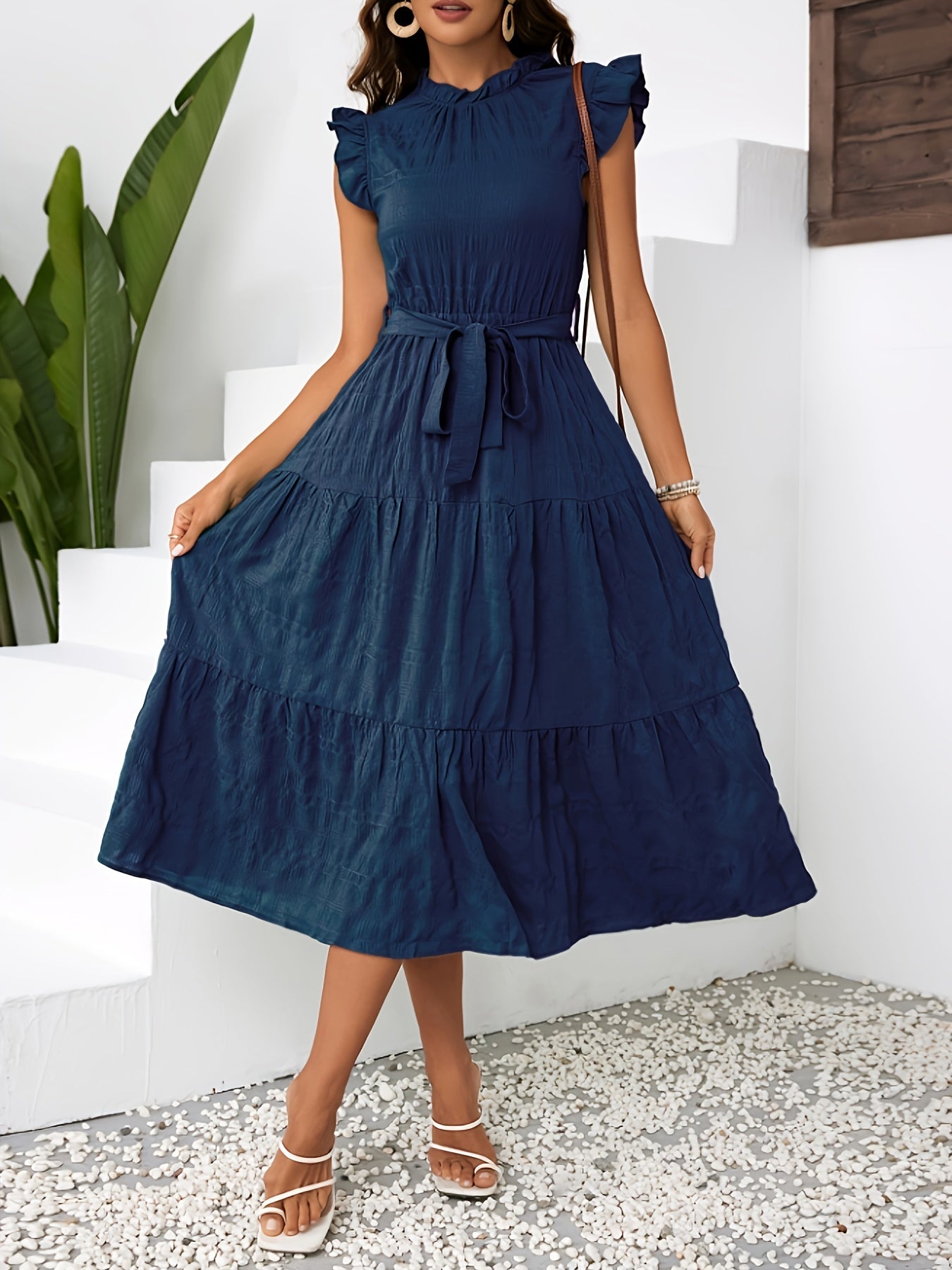 Lily | Belted Ruffle Mock Neck Dress - Lora Toronto