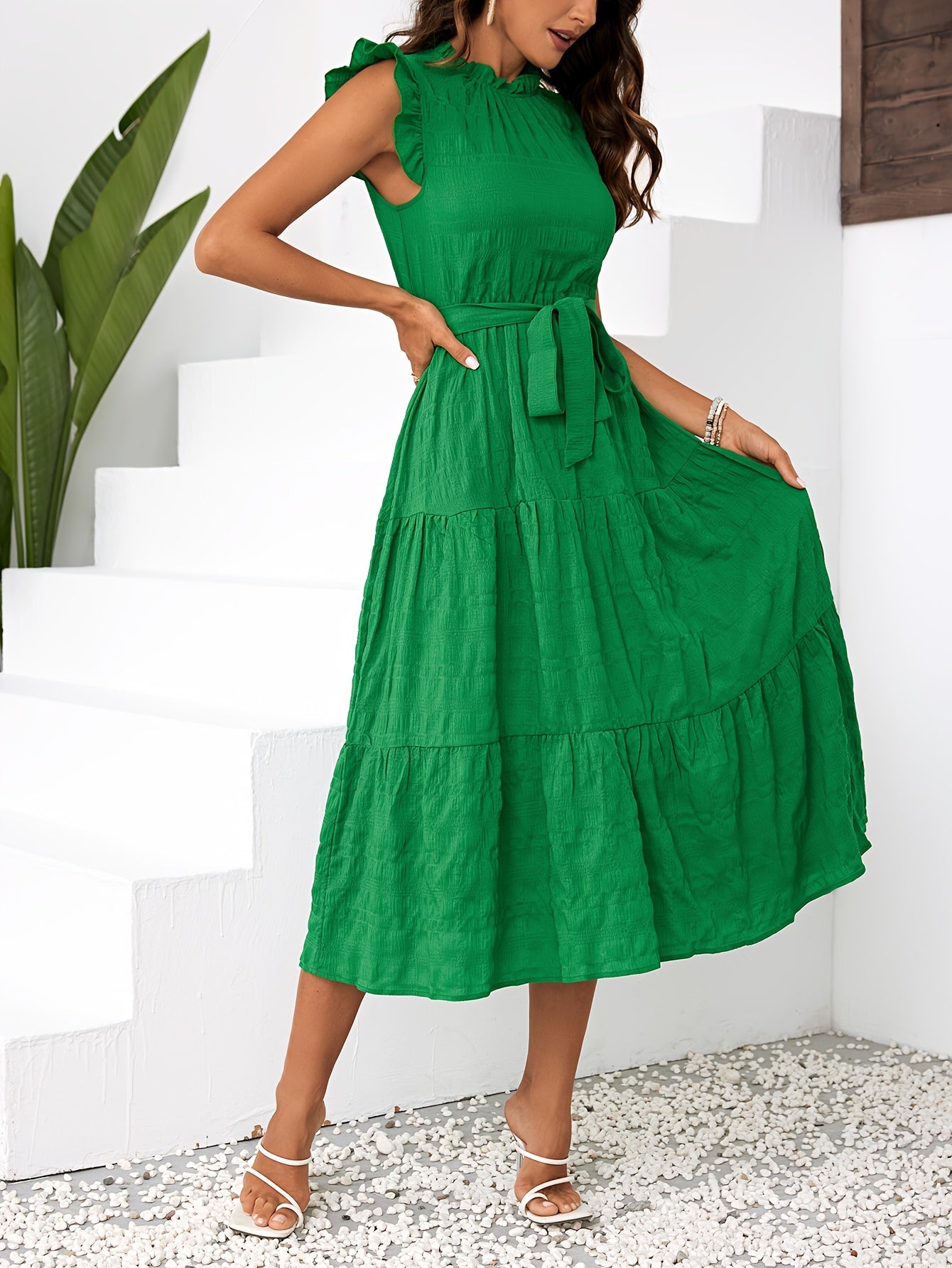 Lily | Belted Ruffle Mock Neck Dress - Lora Toronto