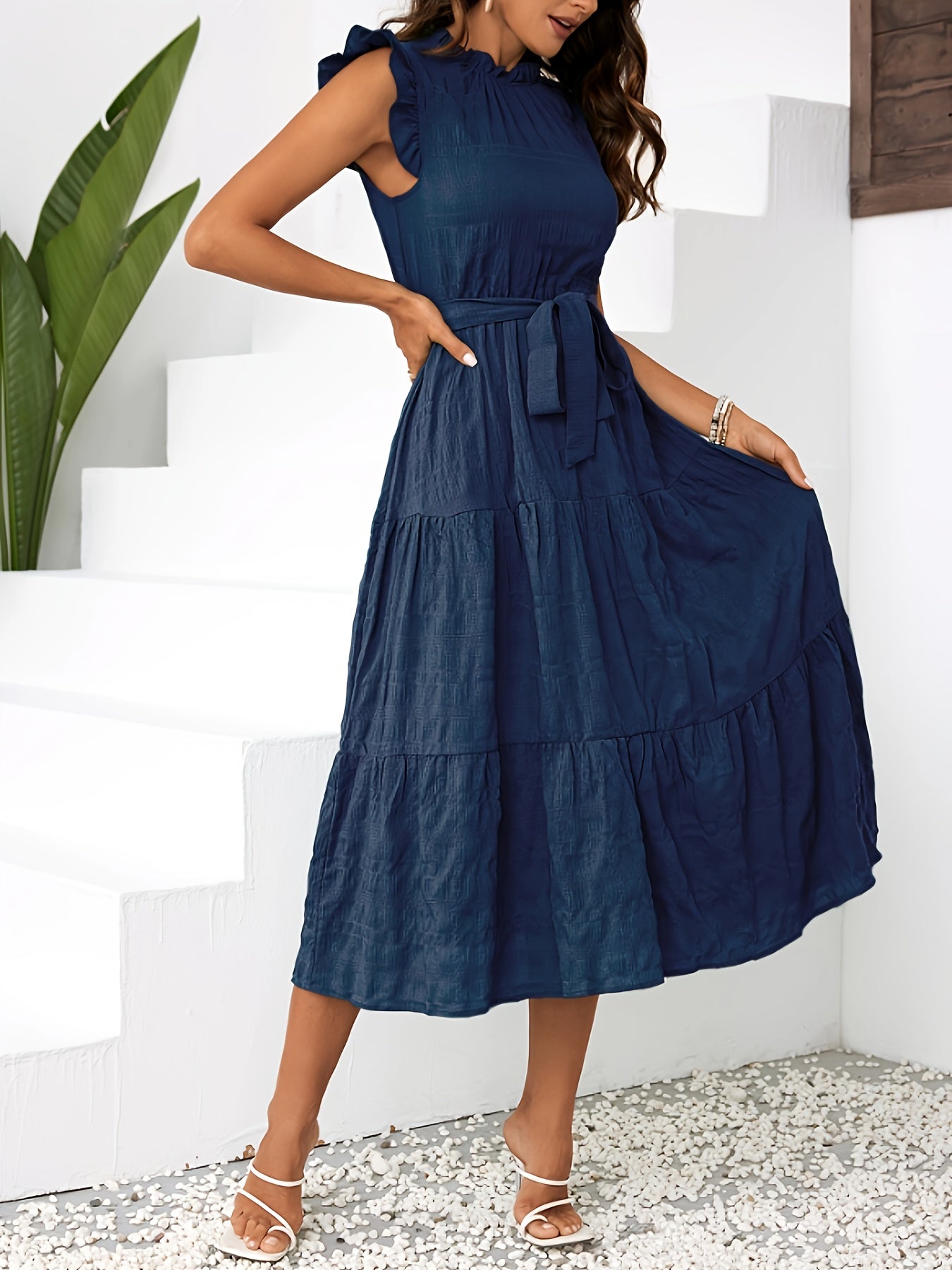 Lily | Belted Ruffle Mock Neck Dress - Lora Toronto