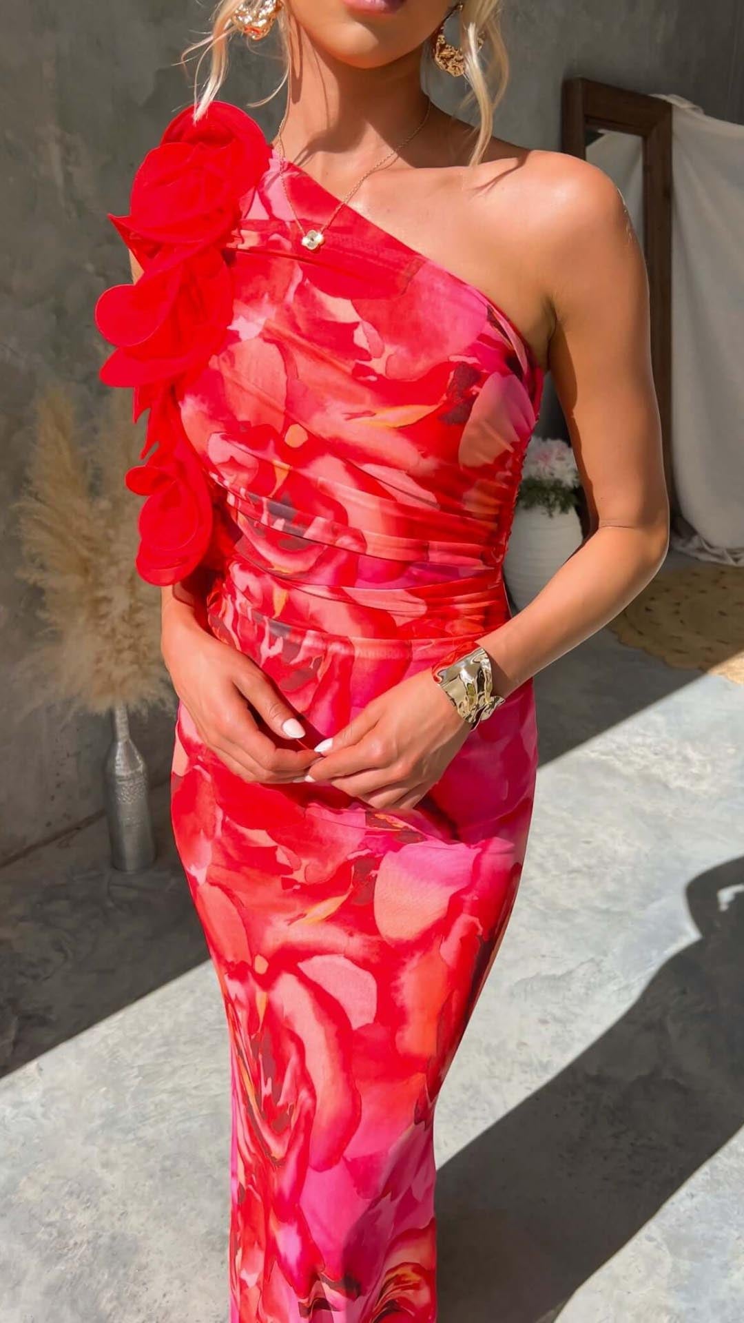 Maëlle | One - Shoulder Floral Detail Maxi Dress - Lora Toronto