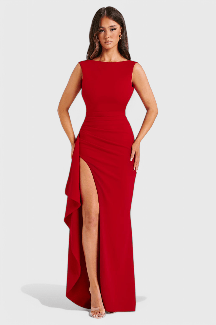 Marion | Satin Open Back Gown with High Slit - Lora Toronto