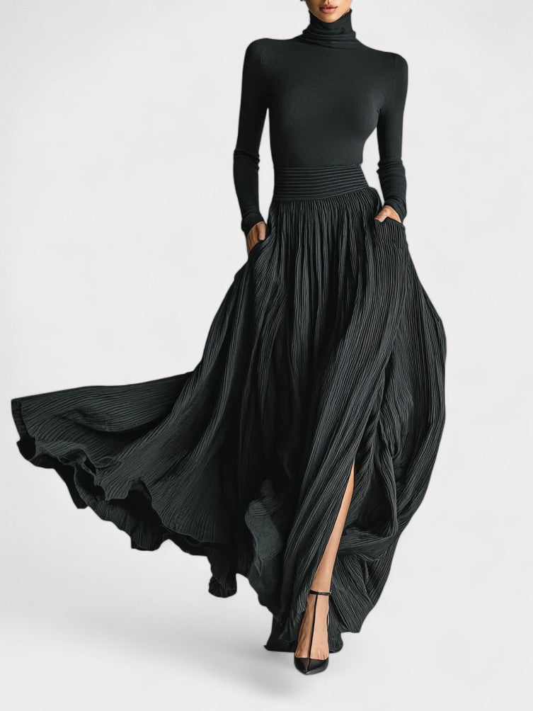 Mary | All Black Turtleneck & Pleated Skirt Set - Lora Toronto