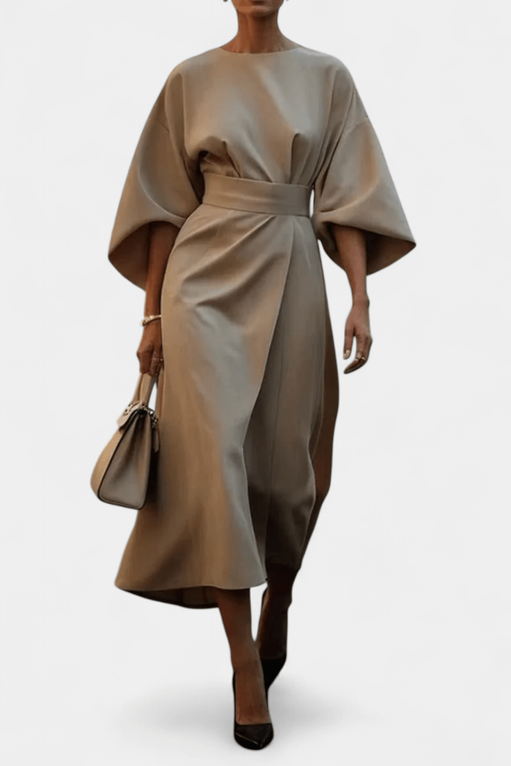 Micaela | Belted Lantern Sleeve Midi Dress - Lora Toronto