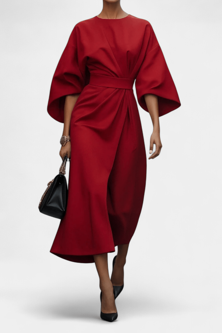 Micaela | Belted Lantern Sleeve Midi Dress - Lora Toronto
