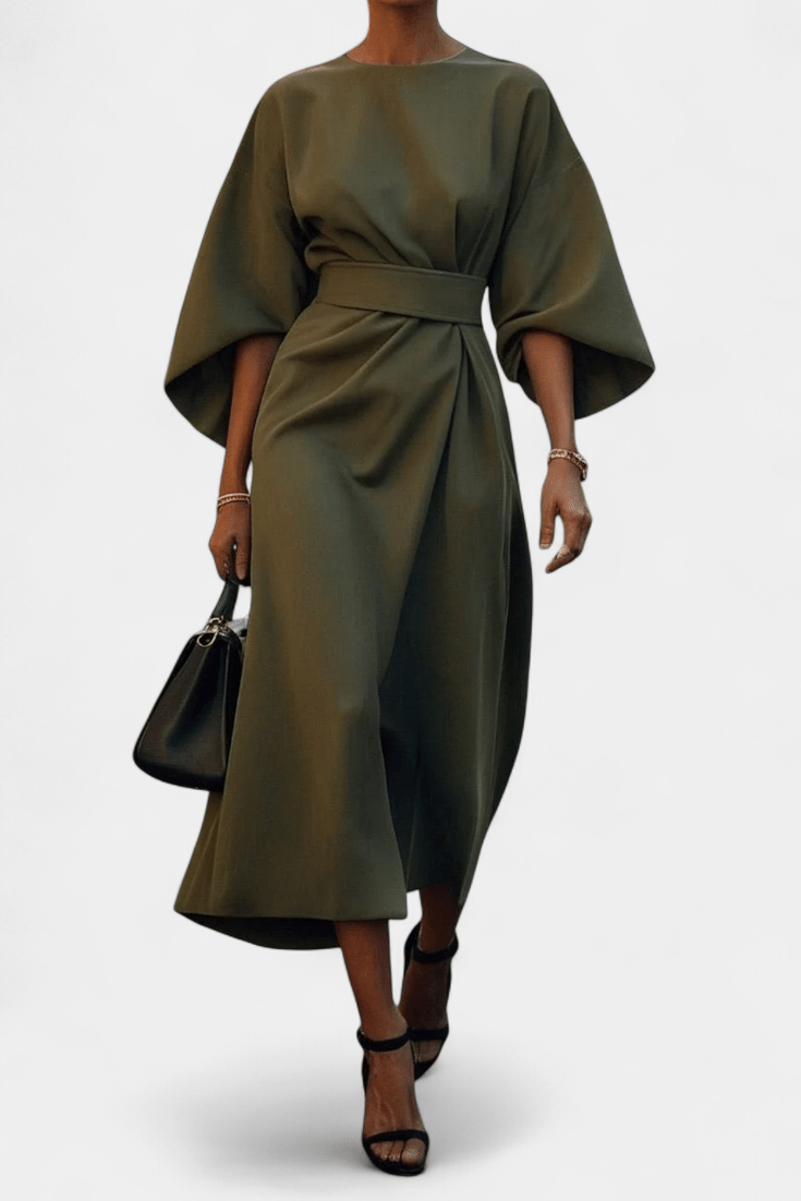 Micaela | Belted Lantern Sleeve Midi Dress - Lora Toronto