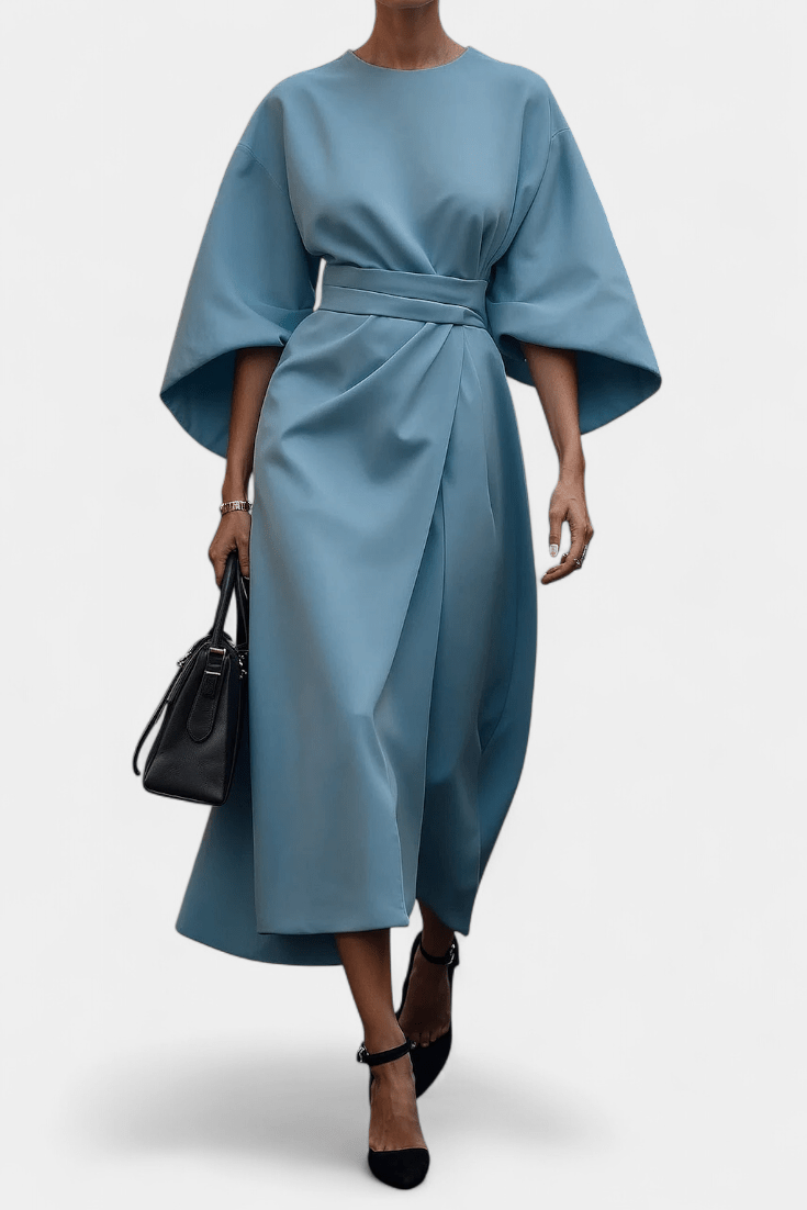 Micaela | Belted Lantern Sleeve Midi Dress - Lora Toronto