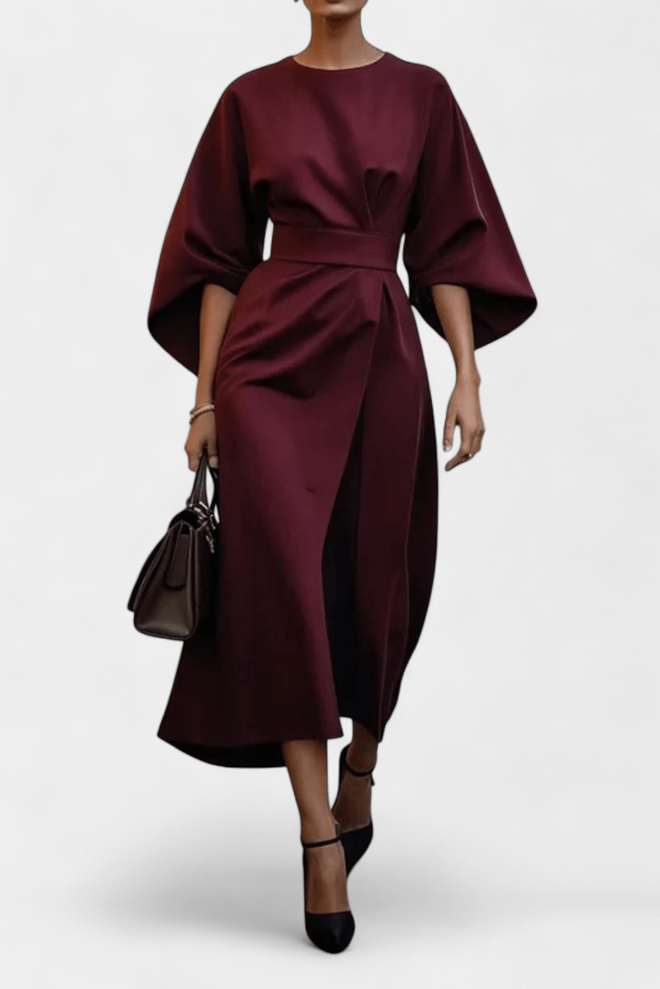 Micaela | Belted Lantern Sleeve Midi Dress - Lora Toronto
