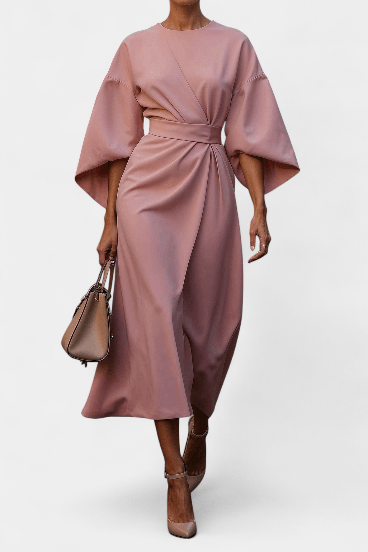Micaela | Belted Lantern Sleeve Midi Dress - Lora Toronto