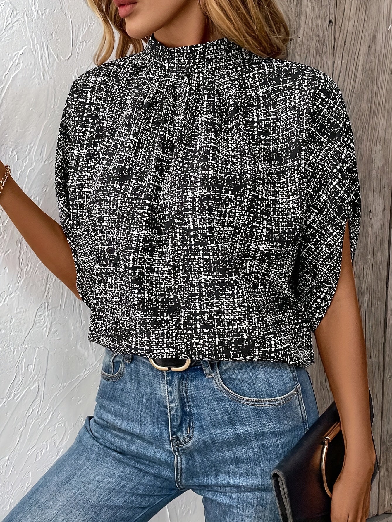 Olivia | Allover Print Mock Neck Blouse - Lora Toronto