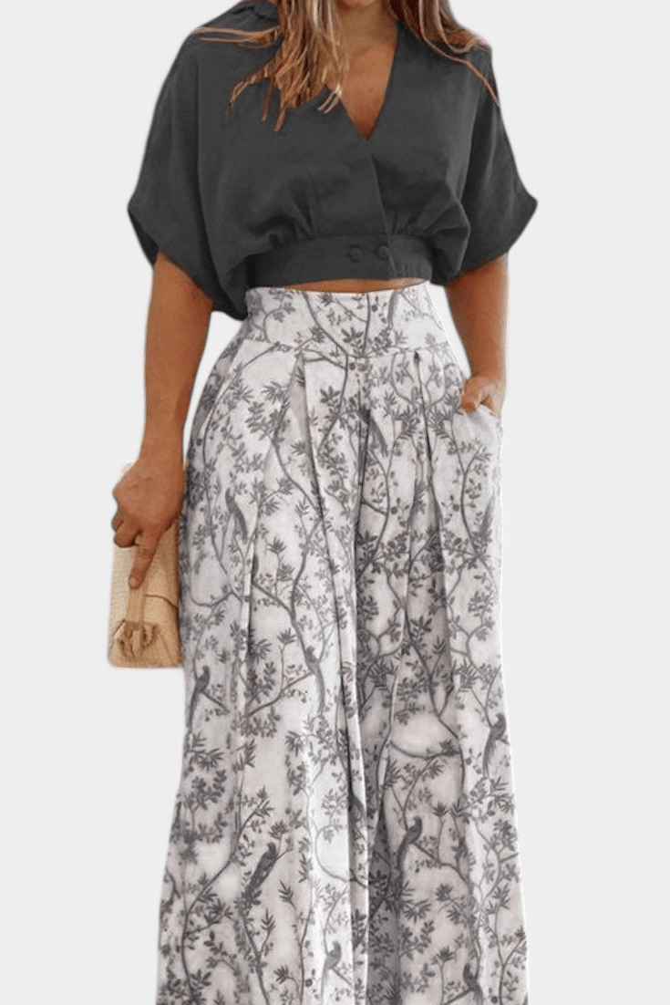 Olivia V - Neck Top & Wide - Leg Trousers Set - Lora Toronto