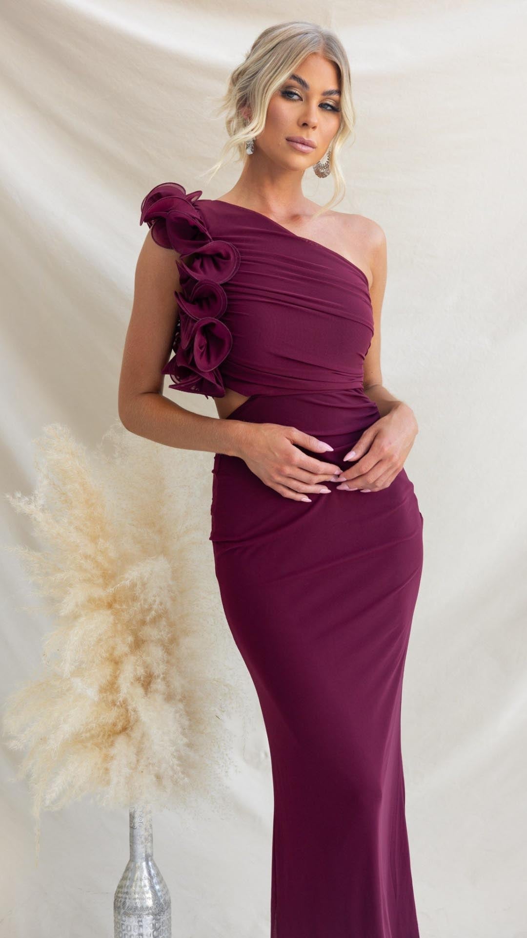 Serina | One - Shoulder Ruffle Mesh Maxi Dress - Lora Toronto
