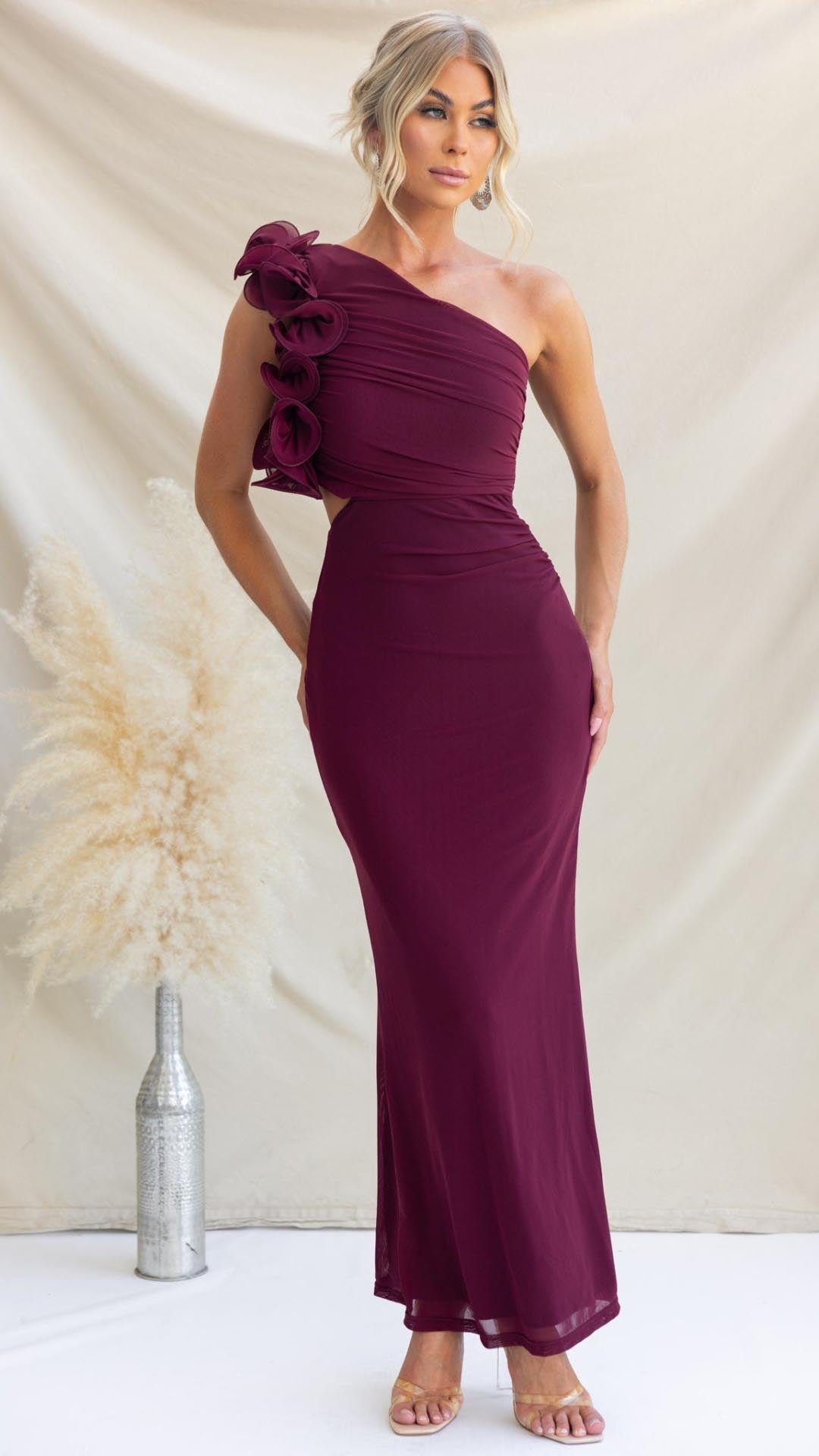 Serina | One - Shoulder Ruffle Mesh Maxi Dress - Lora Toronto