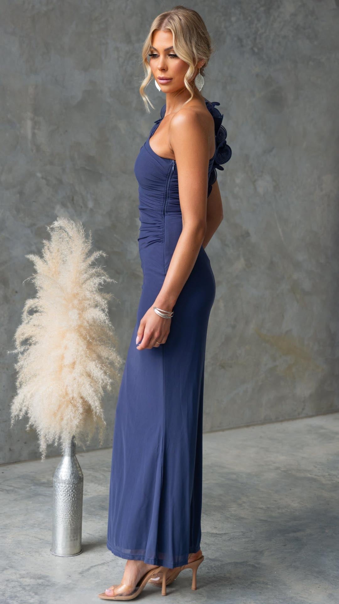 Serina | One - Shoulder Ruffle Mesh Maxi Dress - Lora Toronto