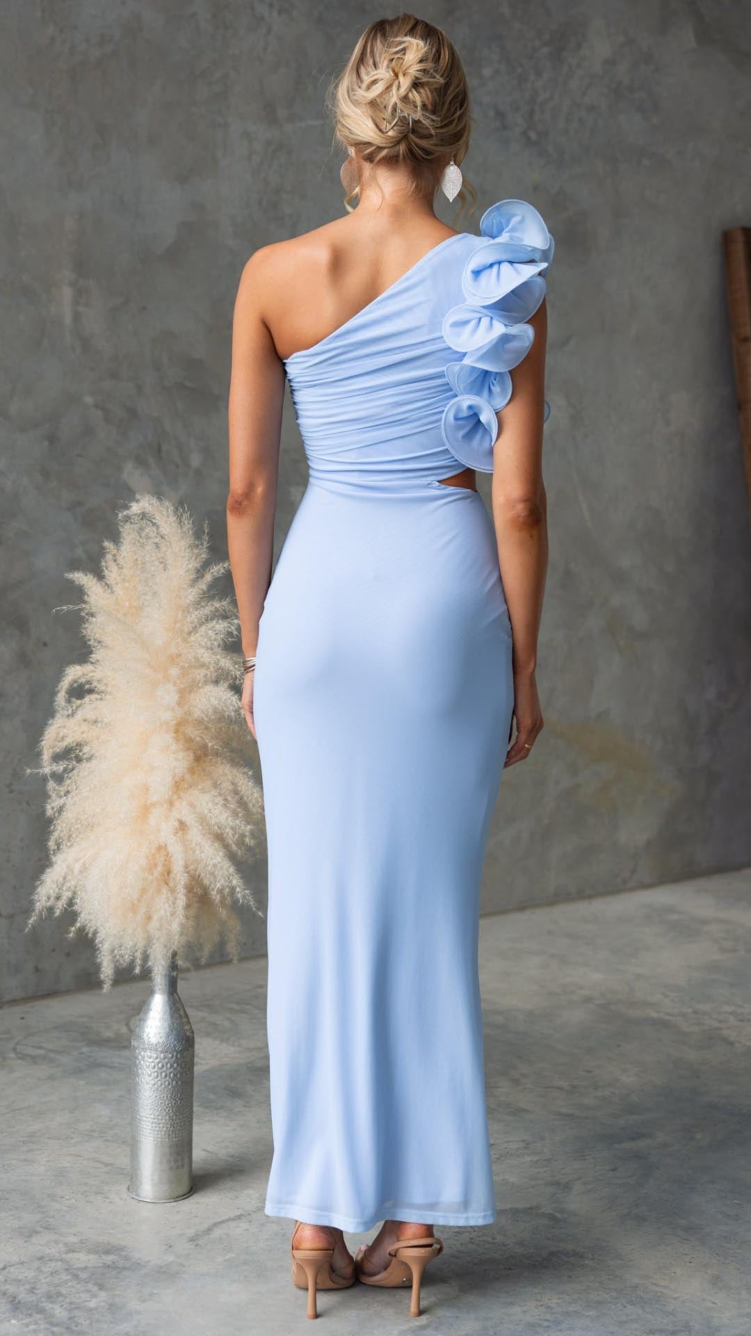 Serina | One - Shoulder Ruffle Mesh Maxi Dress - Lora Toronto