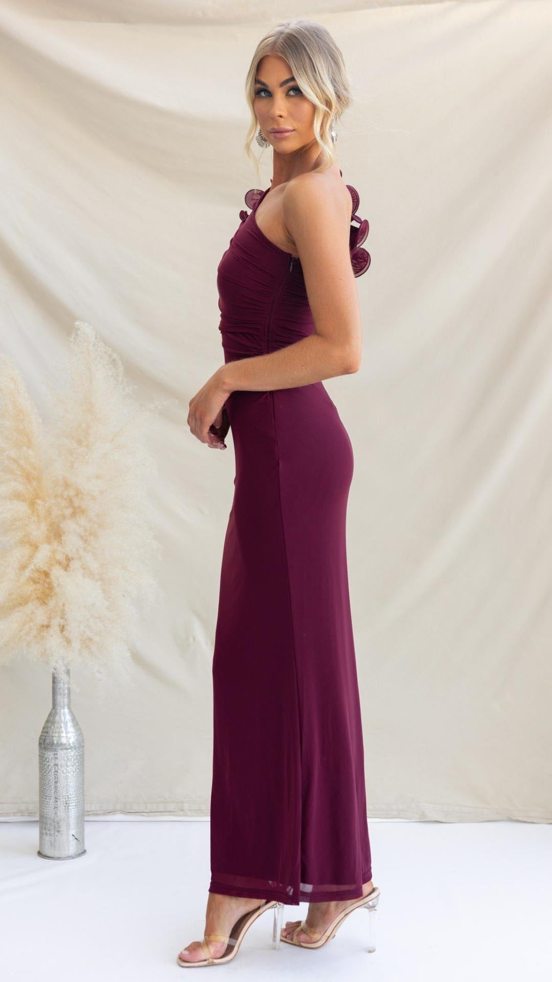 Serina | One - Shoulder Ruffle Mesh Maxi Dress - Lora Toronto