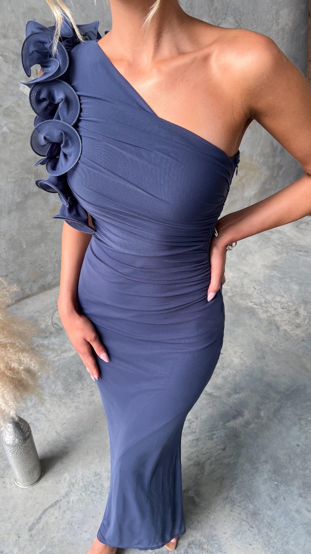 Serina | One - Shoulder Ruffle Mesh Maxi Dress - Lora Toronto