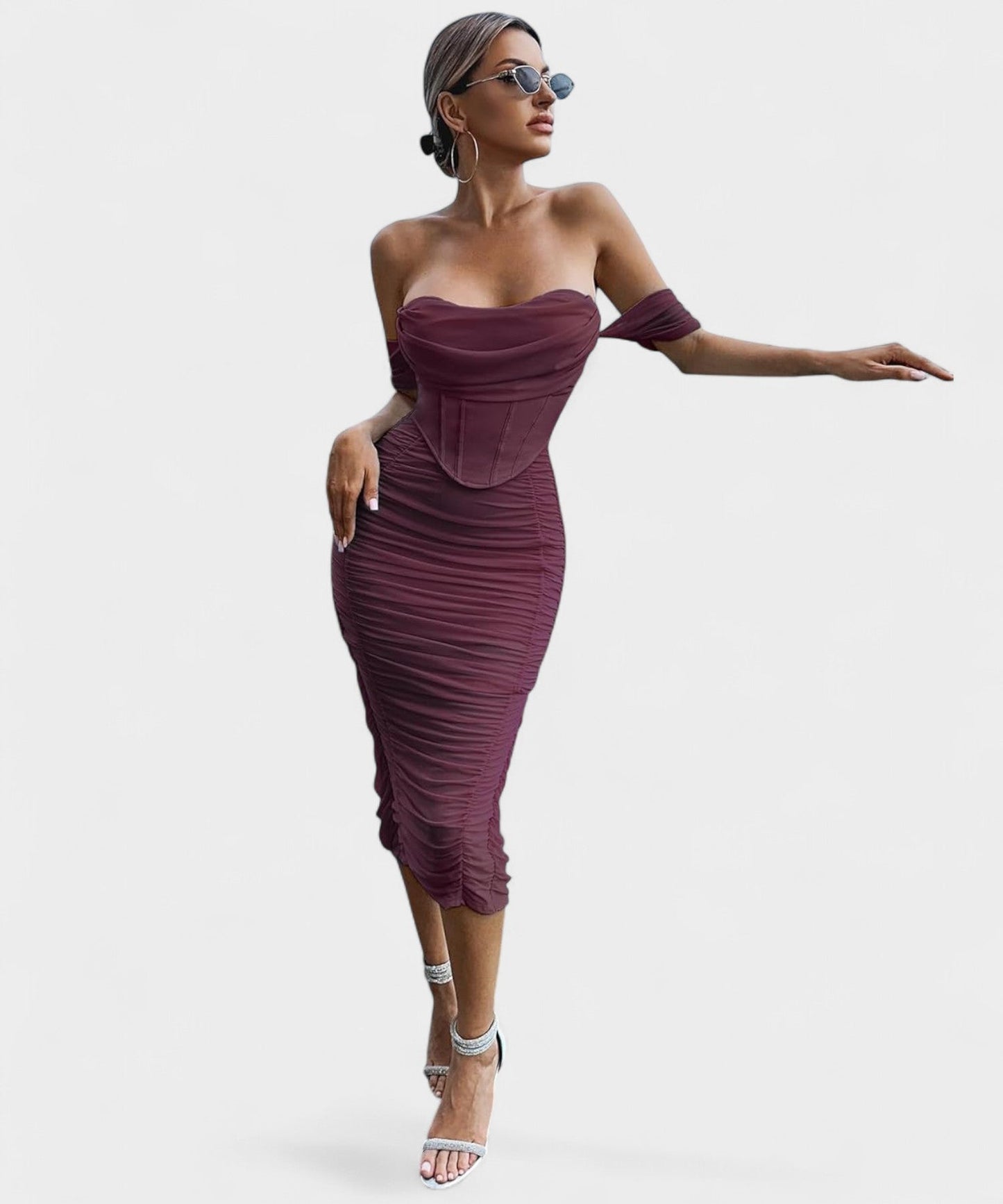 Sofia | Off - Shoulder Ruched Bodycon Midi Dress - Lora Toronto
