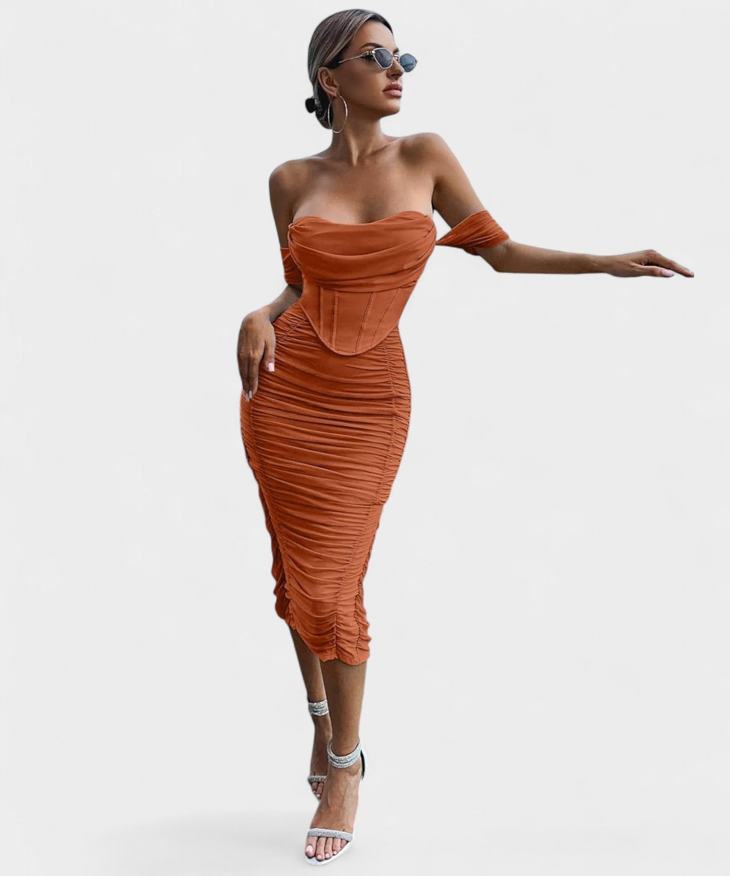 Sofia | Off - Shoulder Ruched Bodycon Midi Dress - Lora Toronto
