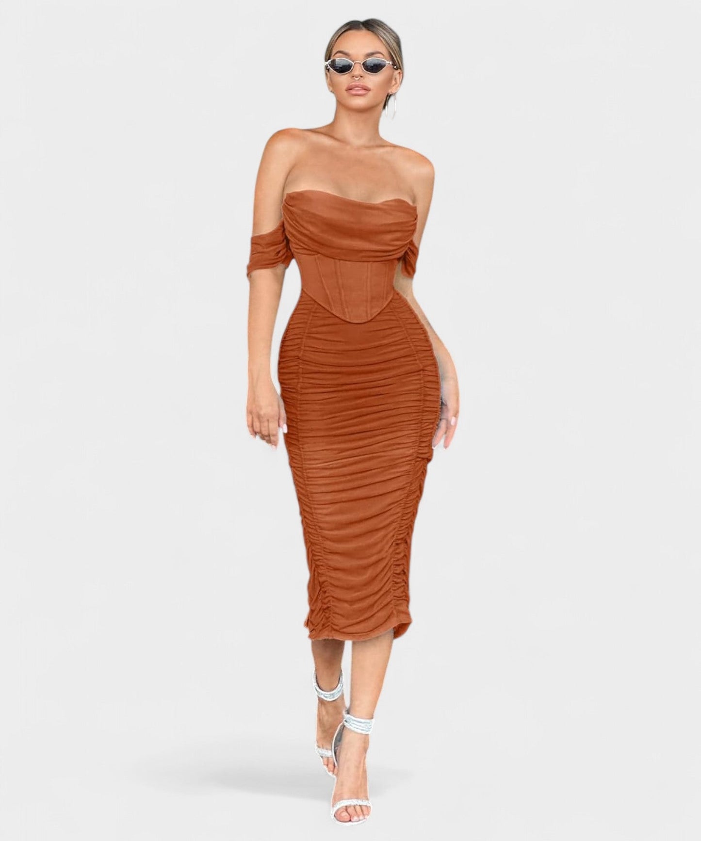 Sofia | Off - Shoulder Ruched Bodycon Midi Dress - Lora Toronto
